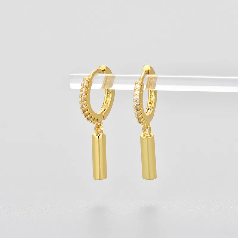 Silver Color Zircon Cylinder Pendant Hoop Earrings for Women Vintage Unique Niche Design Dangle Earring Jewelry Gifts