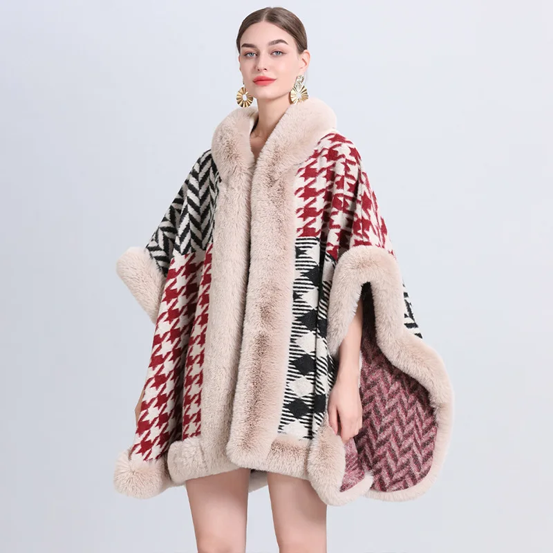 New Winter Thick Warm Cappa Faux Woolen Fur Long Collar Outstreet Poncho Cloak Print Houndstooth Women Loose Shawl Coat With Hat