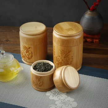Handmade Bamboo Tea Storage Box Carved Tea Canister Lid Seal Kitchen Storage Jars Accessories Spice Box Case Organizer 1