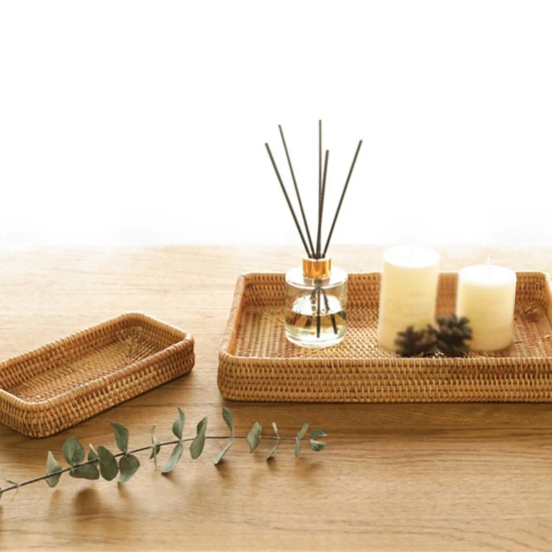 Handwoven Rattan Storage Basket Square Wicker Tray Picnic Basket Bread Food Plate Fruit Cake Sundries Box Home Desk Decor S/M/L 2