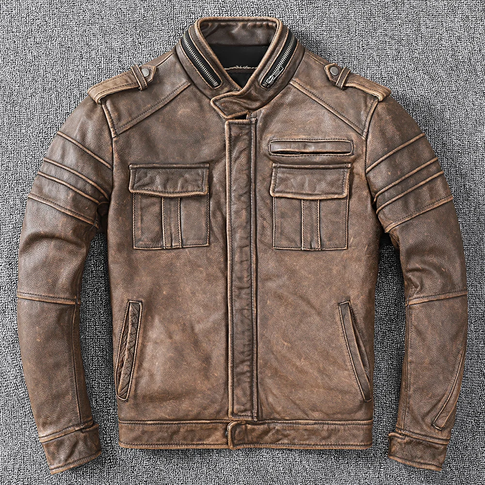 

Free Shipping New Men Cowhide Coat Men's Genuine Jacket Vintage Style Man Motorcycle Biker Leather Clothes