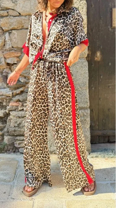Description Picture 6 of itemFashion Leopard Print Patchwork Edge Cardigan Short Sleeves Trousers Women's Set Summer Casual Loose Shirt Office Female Set2025