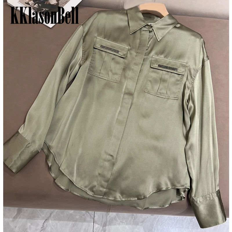 

1.16 KKlasonBell Silk Shirt Women Bead Chains Pocket Long Sleeve Comfortable Blouse
