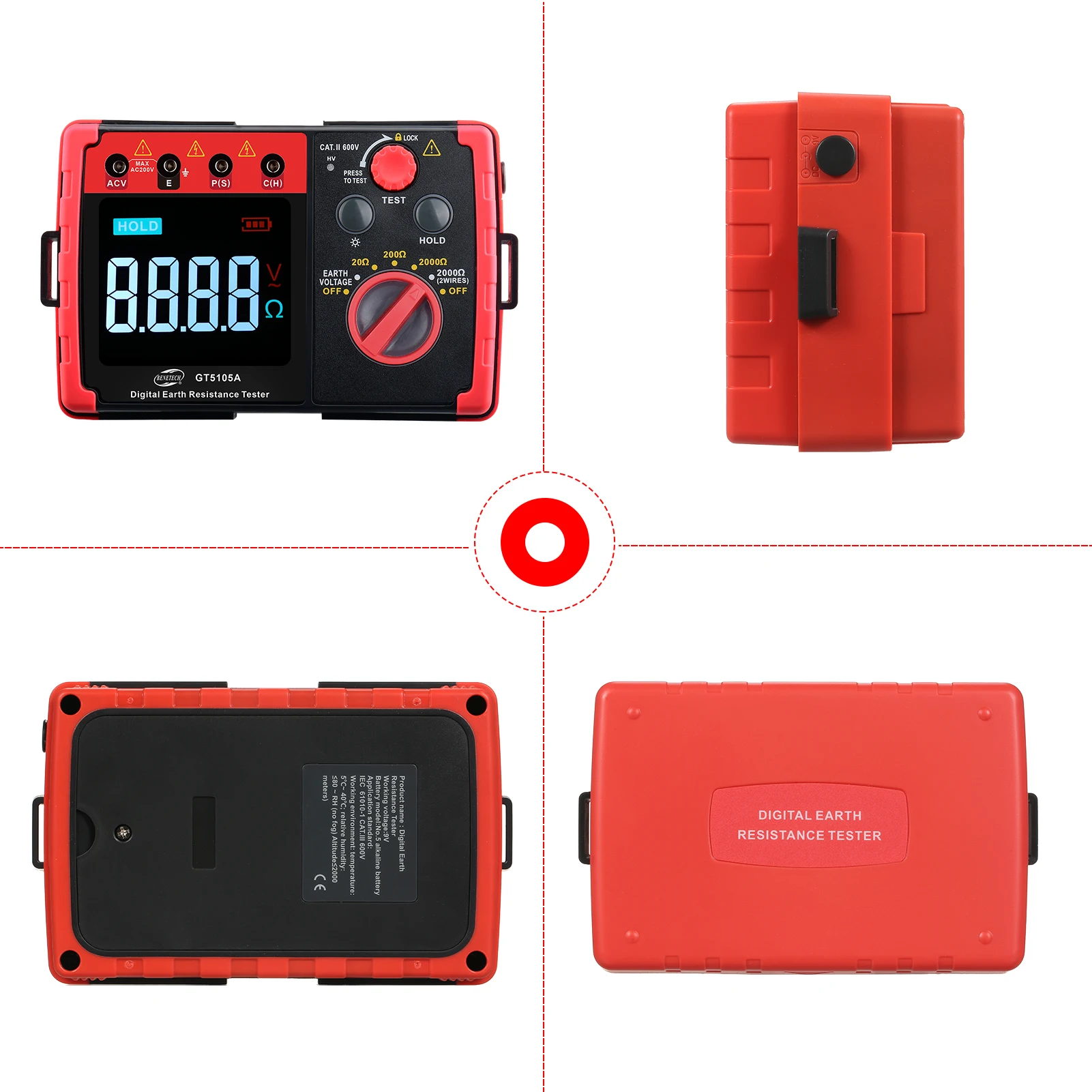 BENETECH 디지털 접지 저항 테스터, 배터리 감지, 2000Ω Megohm 계량기 Megohmmeter 전압계, GT5105A