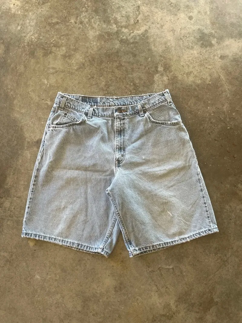 Casual Fashion Dice Embroidered Pattern Denim Shorts Men Fitness Basketball Pants Distressed Washed Cotton
