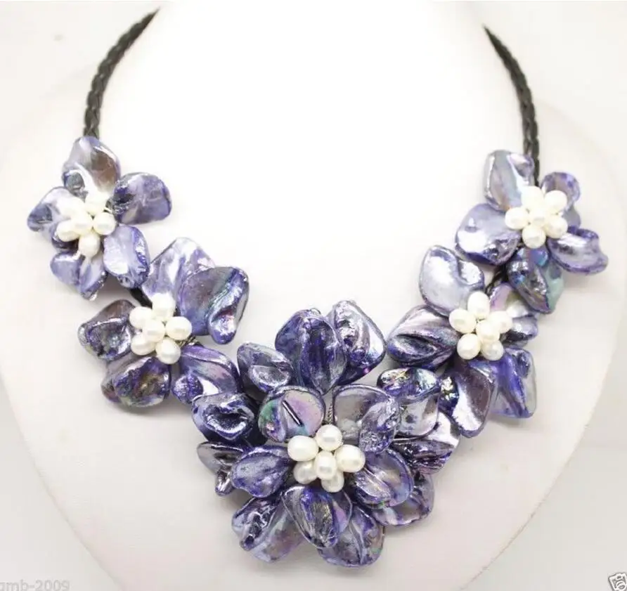 

Gorgeous New Purple Baroque Shell Pearl Five Flowers Bloom Bid Necklace 18inch Long