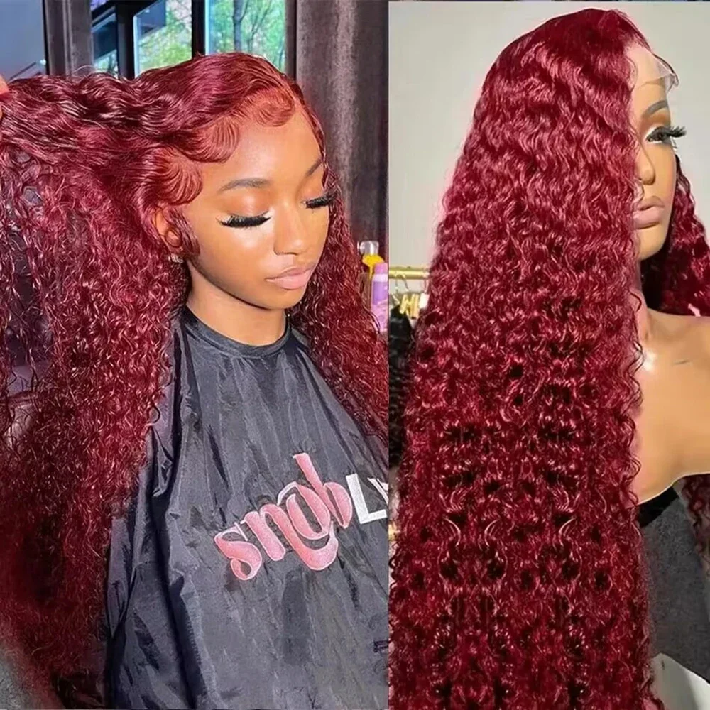30 36 Inch Curly 99j burgundy 13x4 Lace Front Human Hair Brazilian Red Colored Deep Wave 13x6 Lace Frontal Wigs For Women