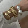 XINYI Hip Hop Pearl Wide Cuff Bangles Punk Fashion Gold Silver Color Geometric Spring Bangles For Women Bracelet Men Jewelry 1