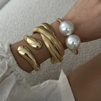 XINYI Hip Hop Pearl Wide Cuff Bangles Punk Fashion Gold Silver Color Geometric Spring Bangles For Women Bracelet Men Jewelry 1