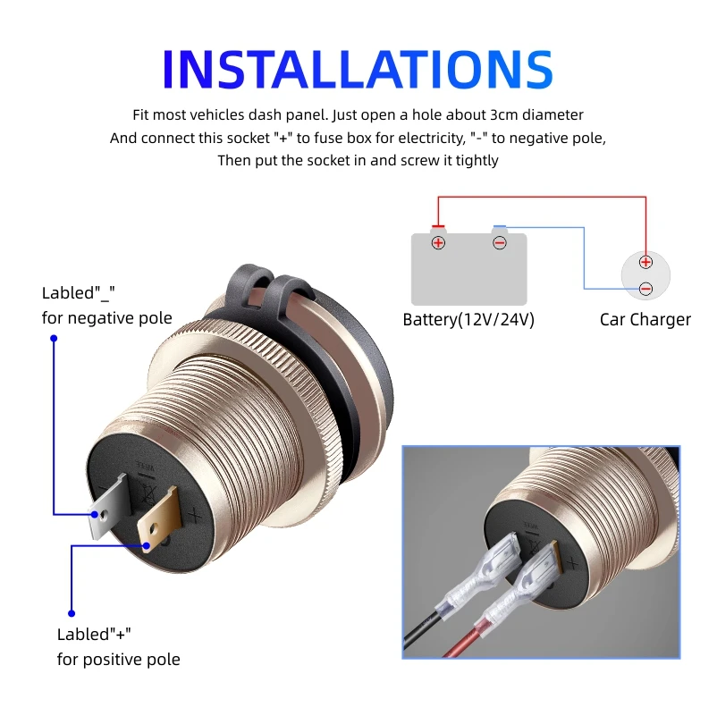 고속 충전 3.0 듀얼 USB 차량용 충전기, 고속 어댑터 소켓, 알루미늄 전원 콘센트, LED 전압계 포함, 12V, 24V, 해양 보트