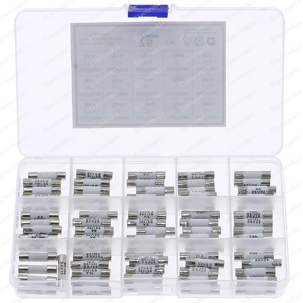 75pcs 15value 6mm x25mm 250V Fast Blow Ceramic Fuse Assortment mix Kit Box 0.5A 1A 2A 3A 4A 5A 6A 8A 10A 13A 15A 16A 20A 25A 30A