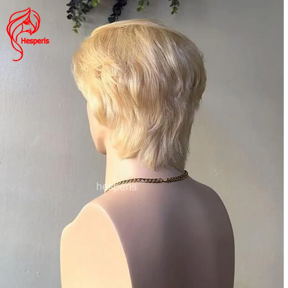 헤스페리스 613 남성용 블론드 가발, 프리 플러킹 풀 레이스 인모 가발, 레이어드 픽시컷 남성용 짧은 가발, 프리 파트