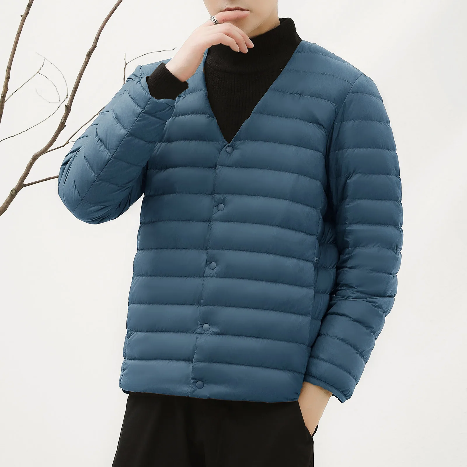 Mens Packable Solid Down Coat Round Neck Lightweight Padded Jackets Spring Buttons Single Breasted Loose Puffer Jacket Coat Male