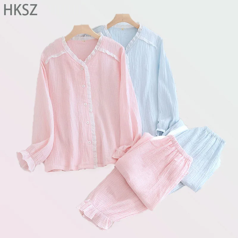 Spring/autumn V Get Recreational Cotton Crepe Pajama Short Sets for Women New Floret Edge Long Sleeve Cardigan Loose Home Suit |