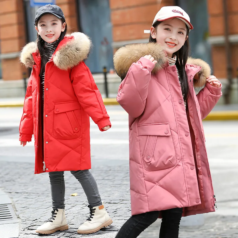

2023 Winter Down Jacket For Girl Fur Collar Thicken Hooded Long Teenage Girl Outerwear Coat 5-16 Years Kids Girl Snowwear Korean