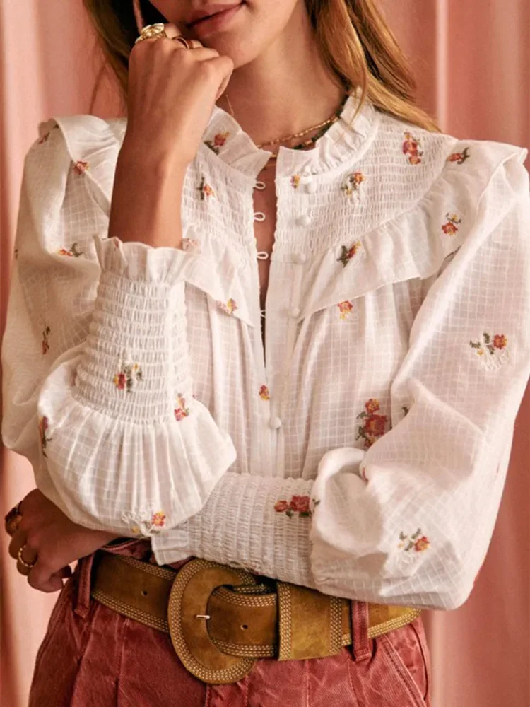 

Women's Shirt Ruffles Floral Embroidery Chemise Casual 2024 Spring Stand Collar Single Breasted Blouse