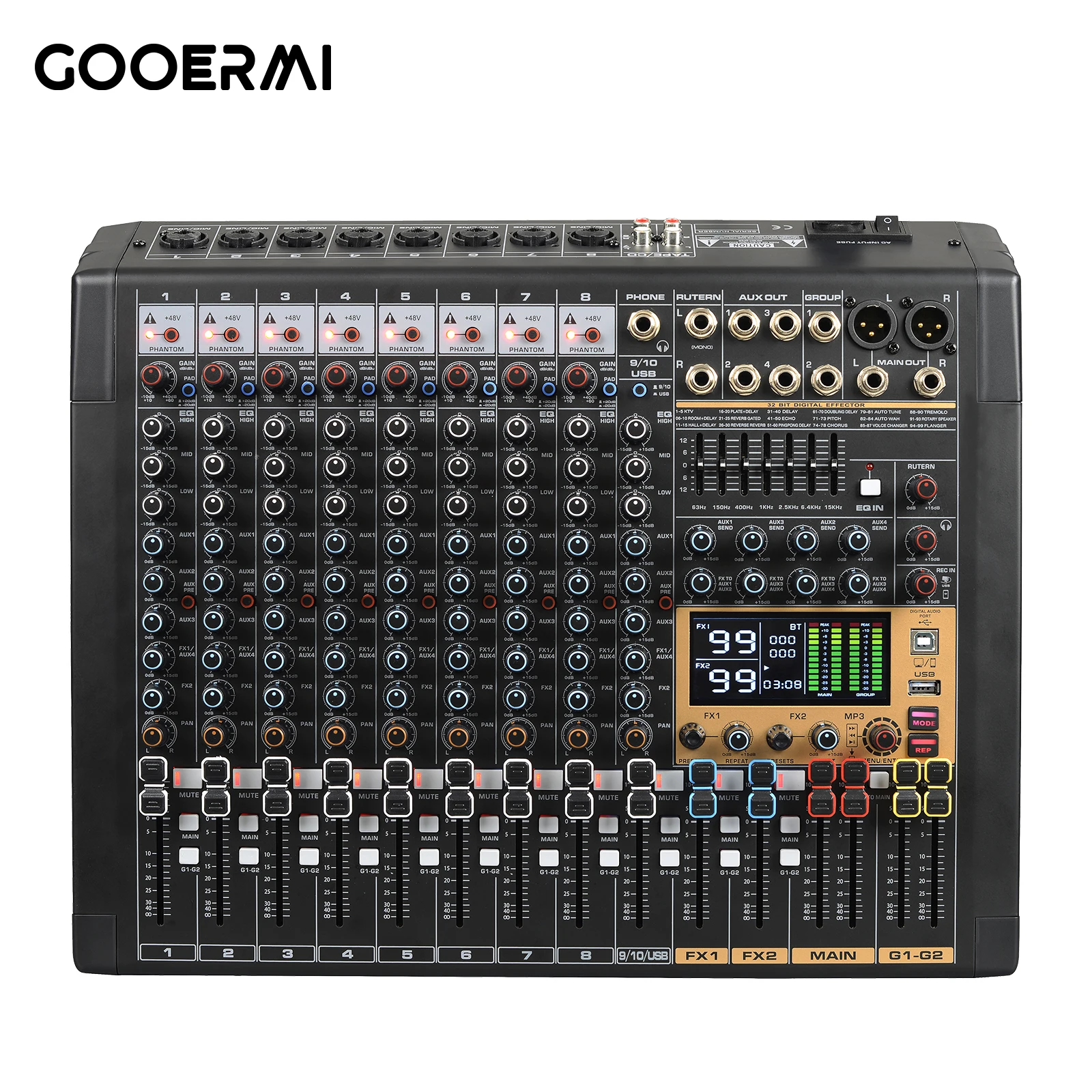 구어미 RAD8 프로 8채널 오디오 믹서 USB 인터페이스 99개 DSP 효과 7밴드 EQ 48V 팬텀 파워 (스튜디오 라이브용)
