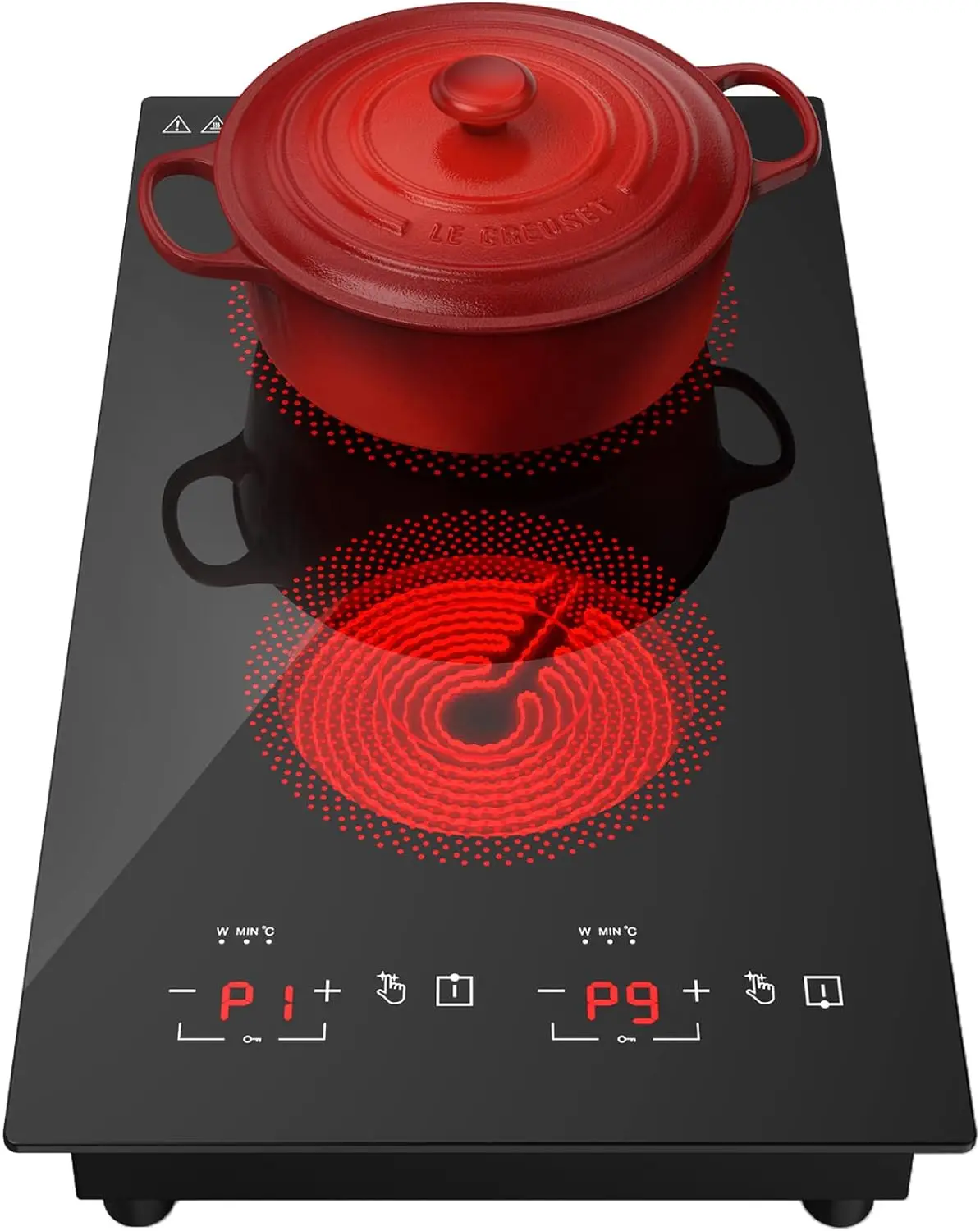 

Cooktop 110V, 12 inch Ceramic Cooktop with LED Touch Screen, Timer & Child Lock, All Kinds of Cookwares, Independent Control Mic