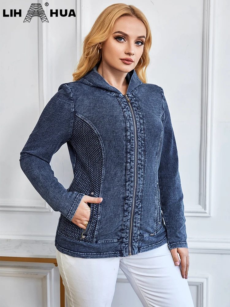 LIH HUA Women's Plus Size Denim Jacket Autumn Chic Elegant Jacket For Chubby Women Cotton Hooded Knitting Jacket
