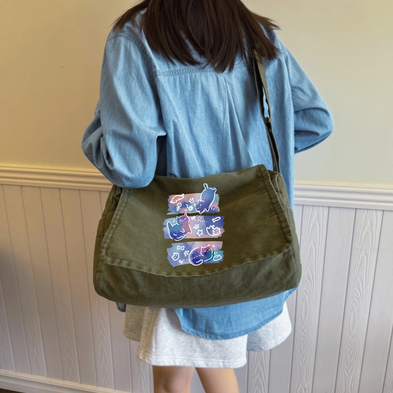 Casual Women's Shoulder Bag Quirky Cat Print Canvas Crossbody Bag Large Capacity for Daily Use Messenger Bag