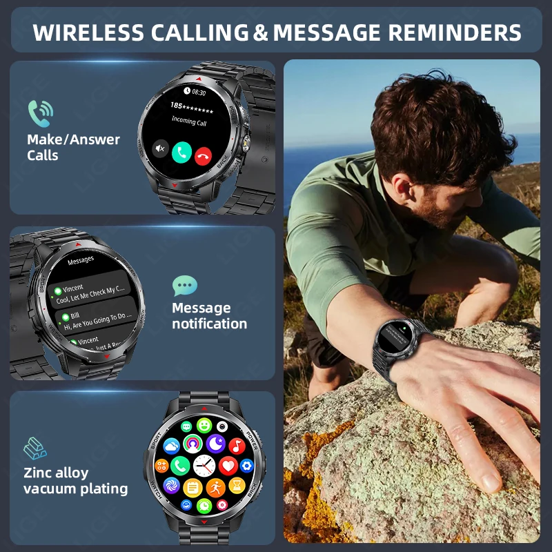 LIGE 1100mAh Large Battery Adult Smart Watch Men Compass Flashlight 3ATM Waterproof BT Call Heart Rate Sports Fitness Smartwatch