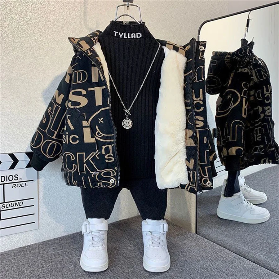 Outdoor Jacket For Boys Winter Hooded Zipper Outerwear Casual Baby Boys Velvet Thick Warm Coats Kids Clothing Fur Collar Parka