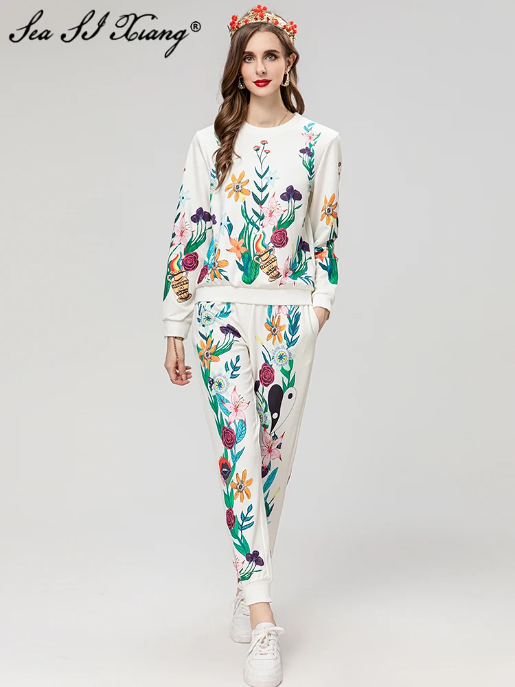 

Seasixiang Fashion Designer Autumn Floral Print Suit Women O-Neck Long Sleeve Pullover Tops + Pencil Pants Casual Two-Piece Set
