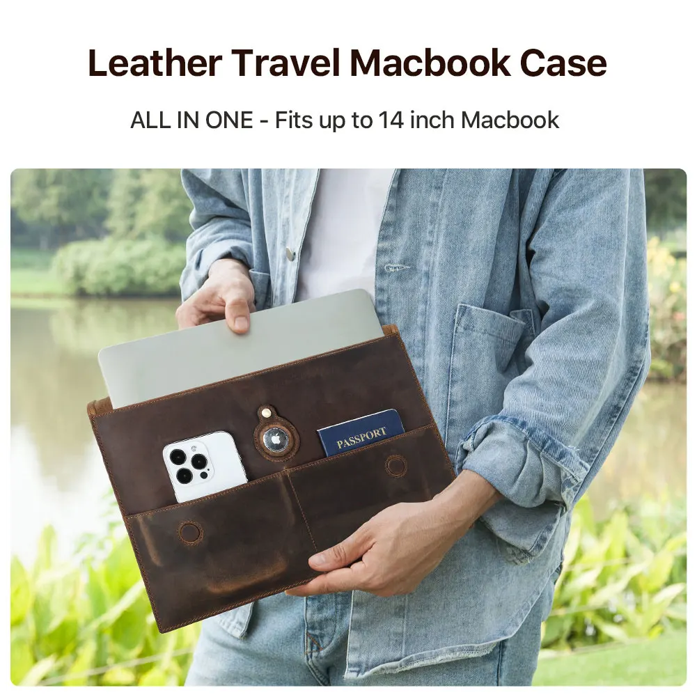 Handmade Genuine Leather Laptop Business Bag Protective Macbook M2 M1 Air 13 14  15 16 Inch Travel Sleeve Bag with Airtag Case