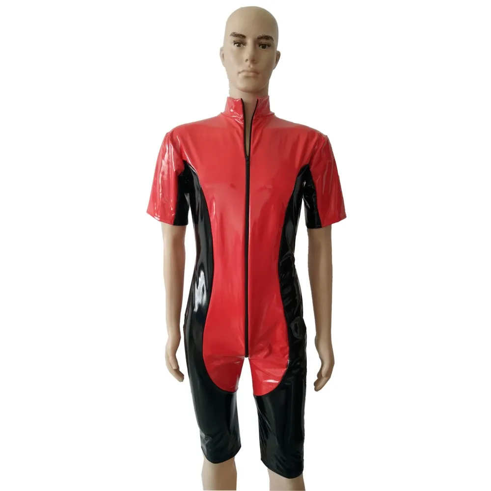 

Halloween Pvc Faux Leather jumpsuit Red with Black Latex Catsuit Tights cosplay Zentai Swimwear suit 3-way Zipper