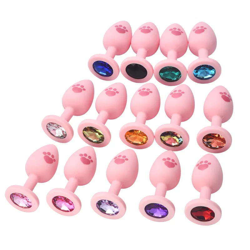 HeartCaptor Silicone Anal Plug Set 4 Sizes Cat Paw Crystal Base Pink - Details 14