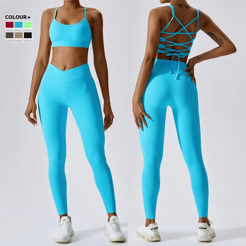 

Women Two Pieces Fitness Yoga Set Solid Color Ribbed Gym Suit Super Stretch Breathable Workout Sportswear Running Clothes