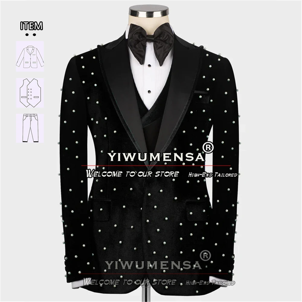 

Formal Suits Men For Groom Wear Wedding Handmade Pearls Velvet Tuxedo Custom Made Male Fashion 3 Pieces Banquet Party Dress 2024