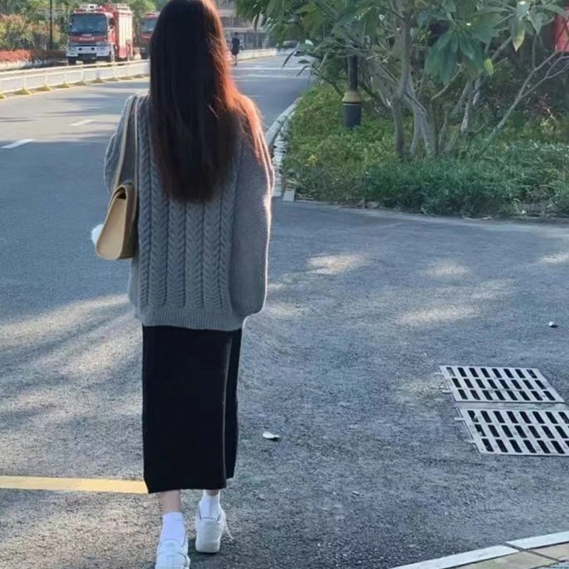 Autumn Winter Sweaters Vintage Women 2023 Casual Loose O-Neck Knits Pullovers Skirts Outfits Lady Simple Gray Tops Skirt Sets