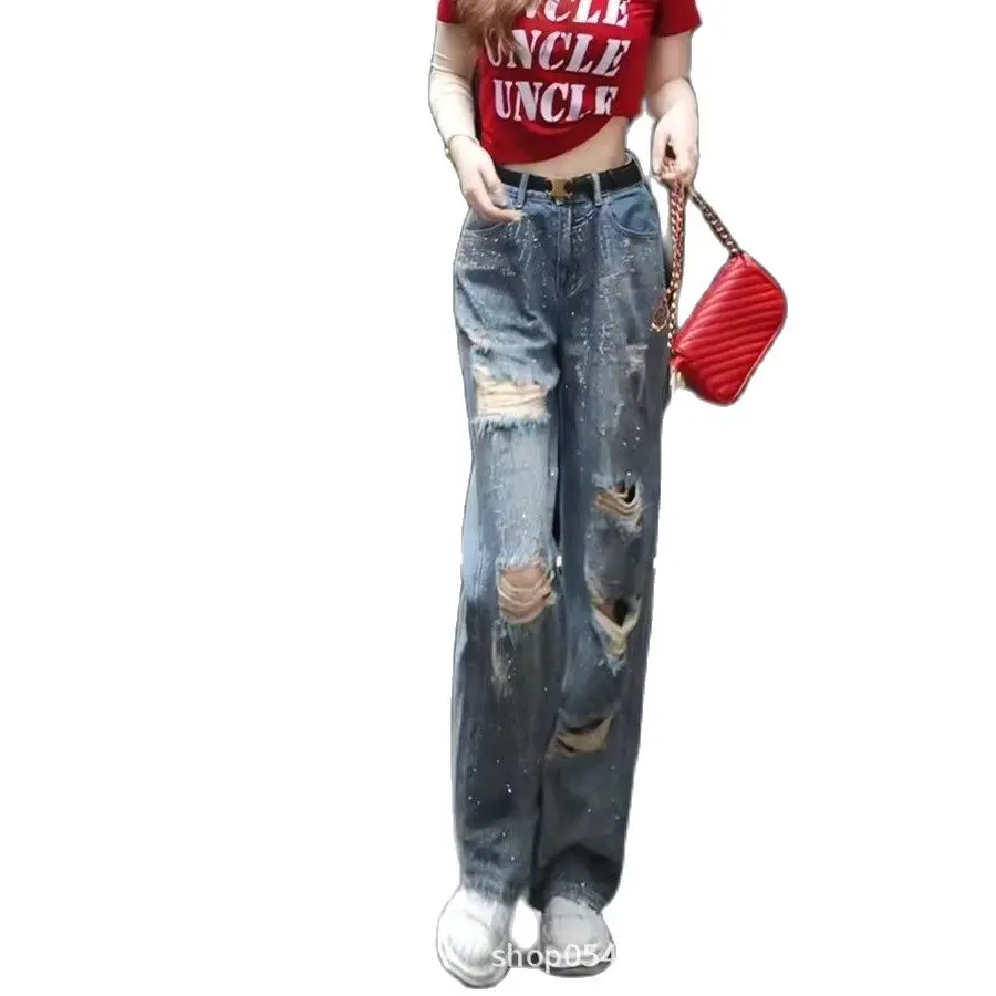 

Rippe Hole Hot fix Rhinestoneb Designs Jeans for Women High Waisted Baggy Loose Denim Pants Fashion Straight Wide Leg Long Jeans