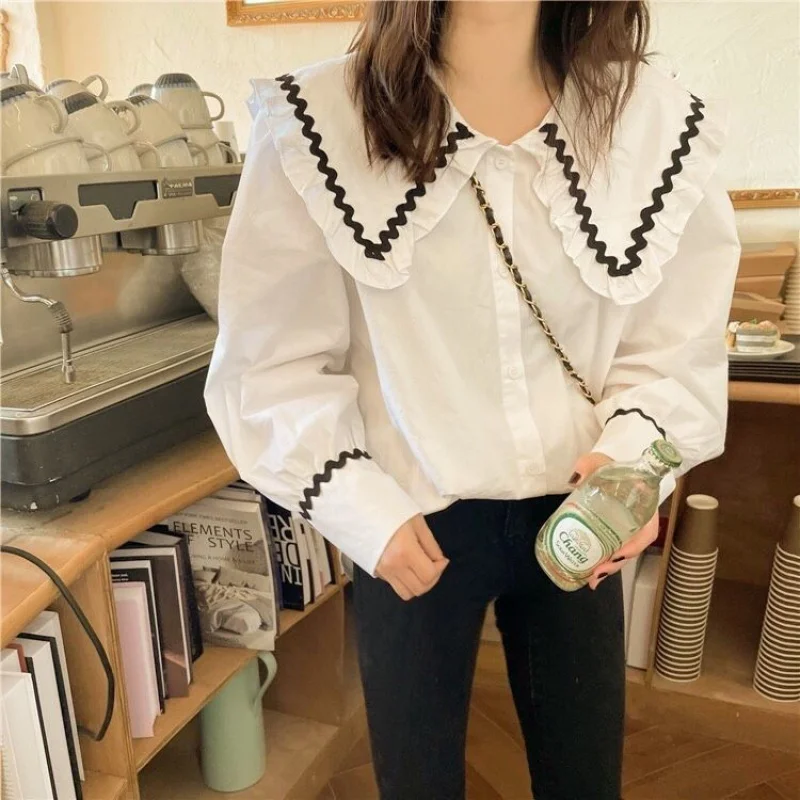 Doll Collar White Shirt Women's Long-Sleeved Inner Wear Spring New Loose Western Style Single-Breasted Shirt Top Women's Clothin