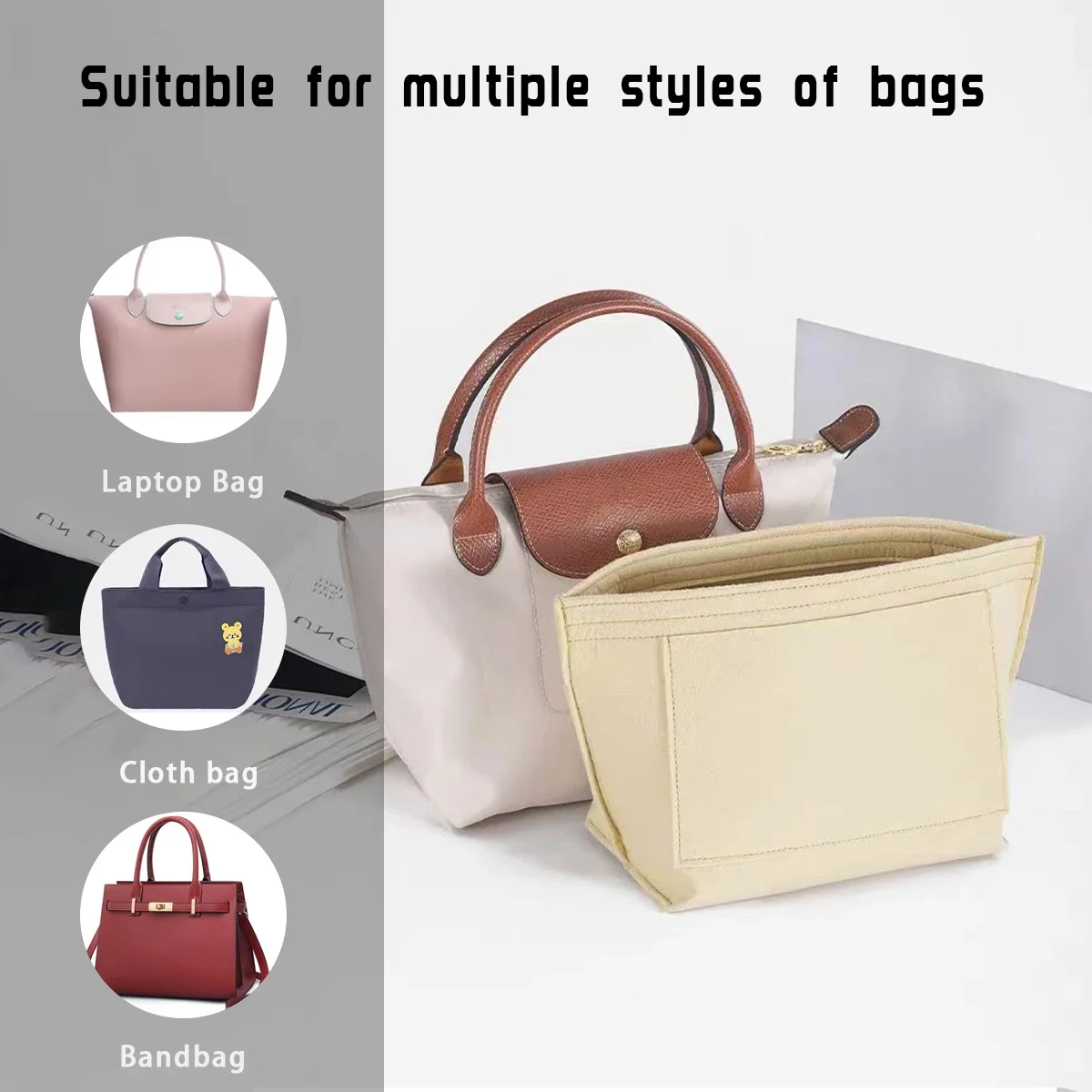 Insert Lined Felt Bag Fits LongChamp Tote Support Lined Storage Cosmetic Bag 3