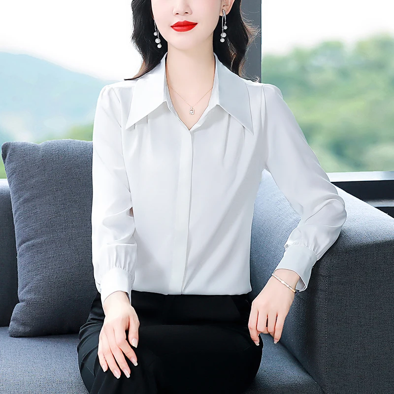 Fashion White Shirt Women Slim Elegant Women's Clothing Long Sleeve BlouseTurn-down Collar Shirts and Blouses Satin Womens Tops