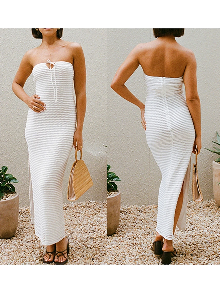 

Women Strapless Crochet Long Dress Sleeveless Knit Cut Out Maxi Dress Bodycon Fitted Y2K Summer Party Beach Dresses