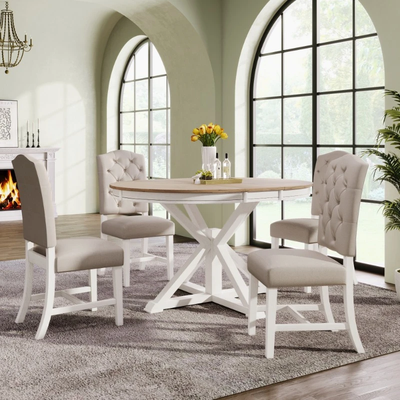 

5-PCS Dining Table Set 4 Chairs Nordic Round Dining Set 4 Chairs Elegant Space Saving 4 Chairs Dining Table Home Furniture