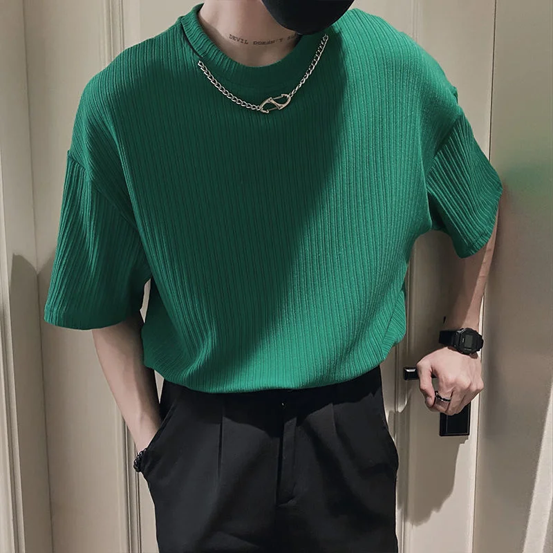 

2022 Korean Style Summer Men's Silk Fabric Social T Shirts Removable Necklace Short Sleeve T-shirt Hip Hop Style Top Tshirts