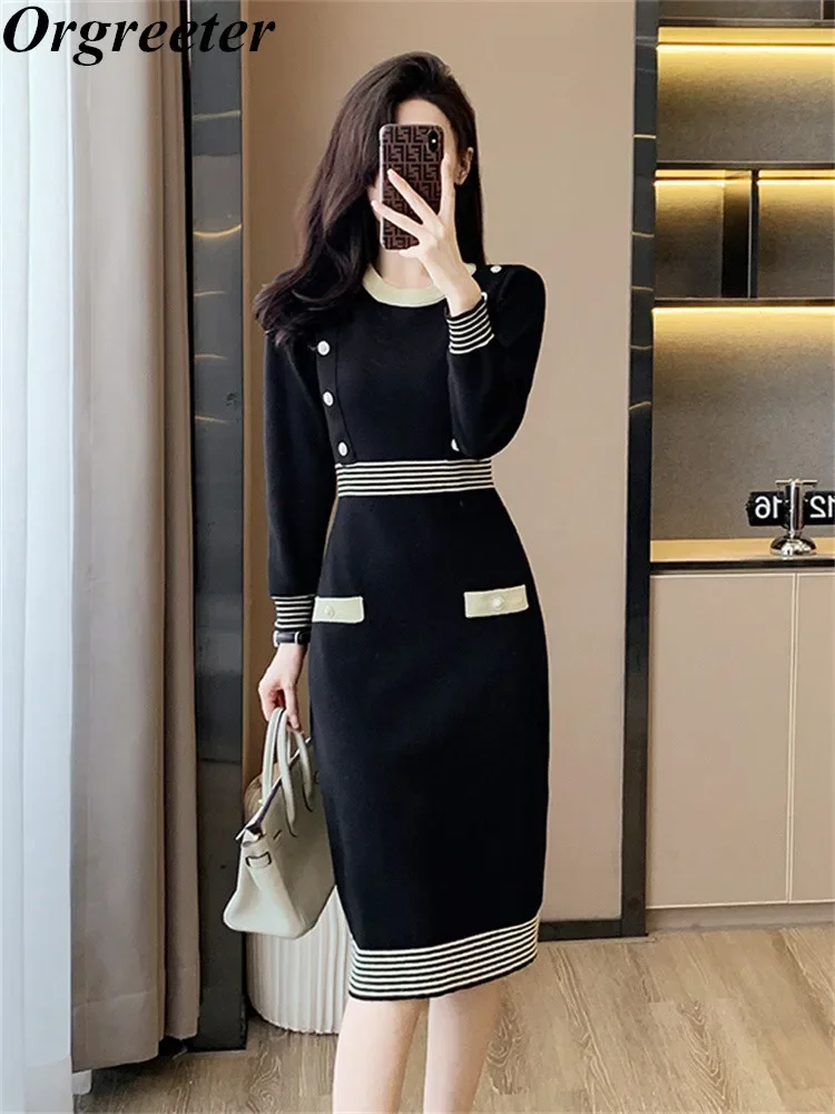 Vintage Black Knee Length Knitted Sweater Dress Women's New