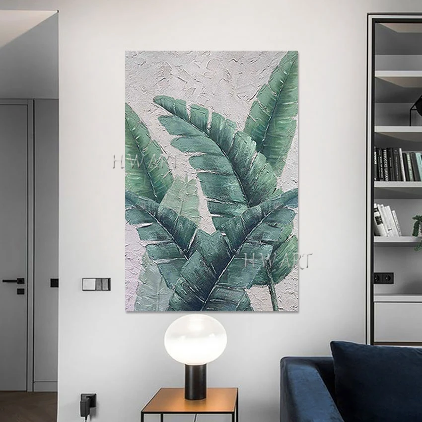 

Hand-painted Banana Leaves Abstract Picture White Line Oil Paintings On Canvas Bedroom Home Decoration Canvas Frameless