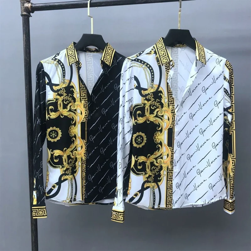 

Spring Autumn Polo-neck Trend Fashion Printing Cardigan Shirt Men Long Sleeve Slim Casual All-match Vintage Blouse Homme Tops
