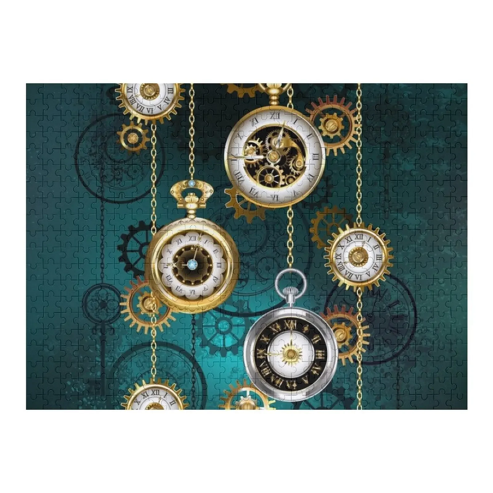 Steampunk Watch with Chains on Green Background Jigsaw Puzzle Wood Adults Personalized Gifts Christmas Toys Puzzle