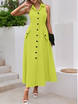 ZANZEA Abito senza maniche da donna Moda Office Lady Vestito estivo Summer Party Abiti lunghi 2025 Bohemian Solid Casual Risvolto Collo Robe 1