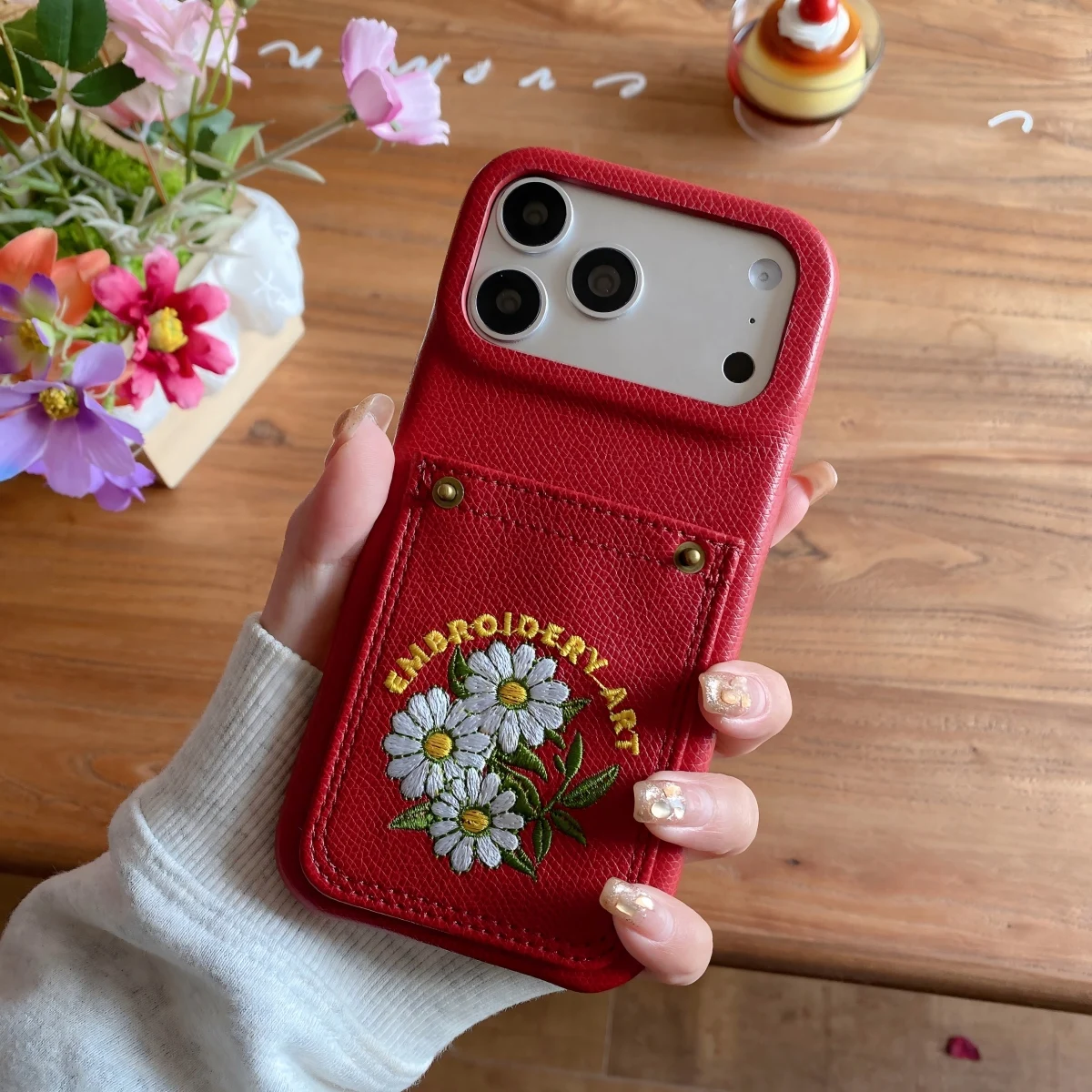PU Leather Phone Case with Card Pocket and Embroidery - Simple Half-Wrapped Shockproof Design