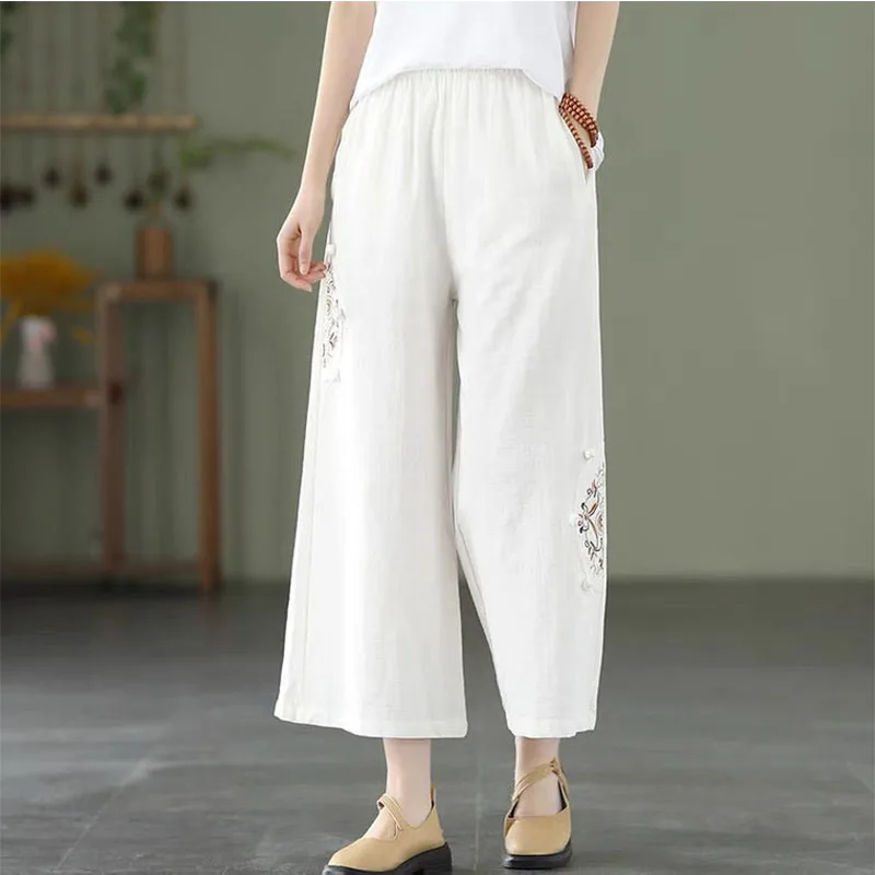 Moda donna ricamo pantaloni oversize a vita alta estate cotone canapa sottile fascia elastica pantaloni larghi larghi Casual dritti