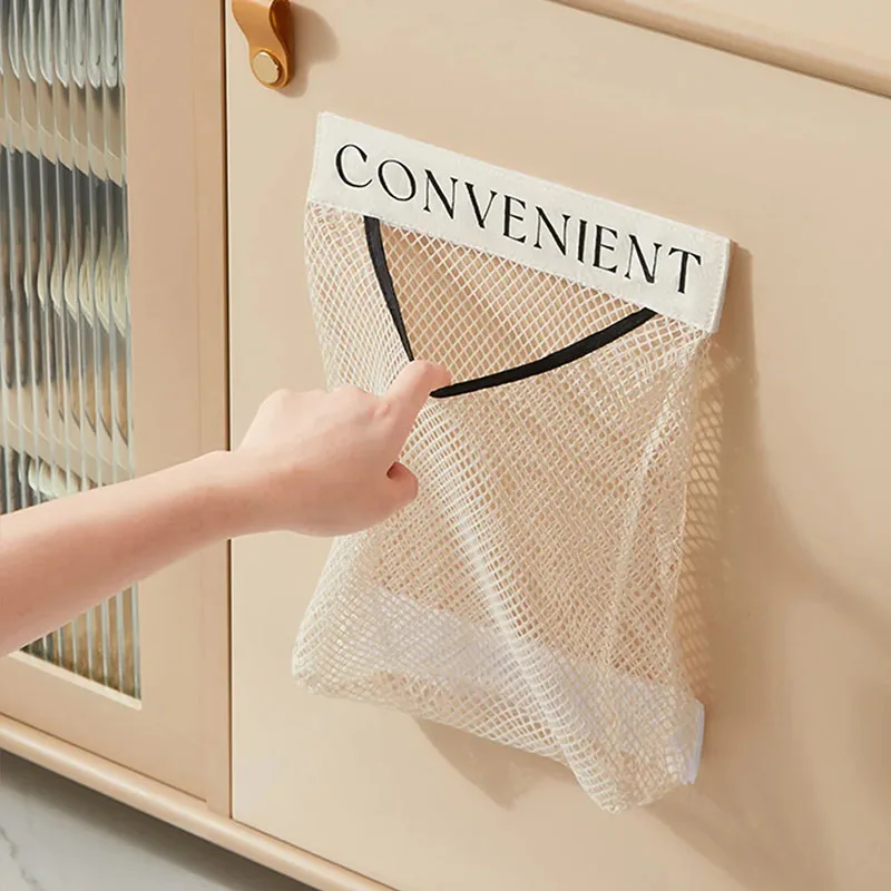 Wall Mount Mesh Storage Bag Garbage Bag Holder Plastic Shopping Bags Dispenser Sundries Bag Bathroom Net Storage Organizer