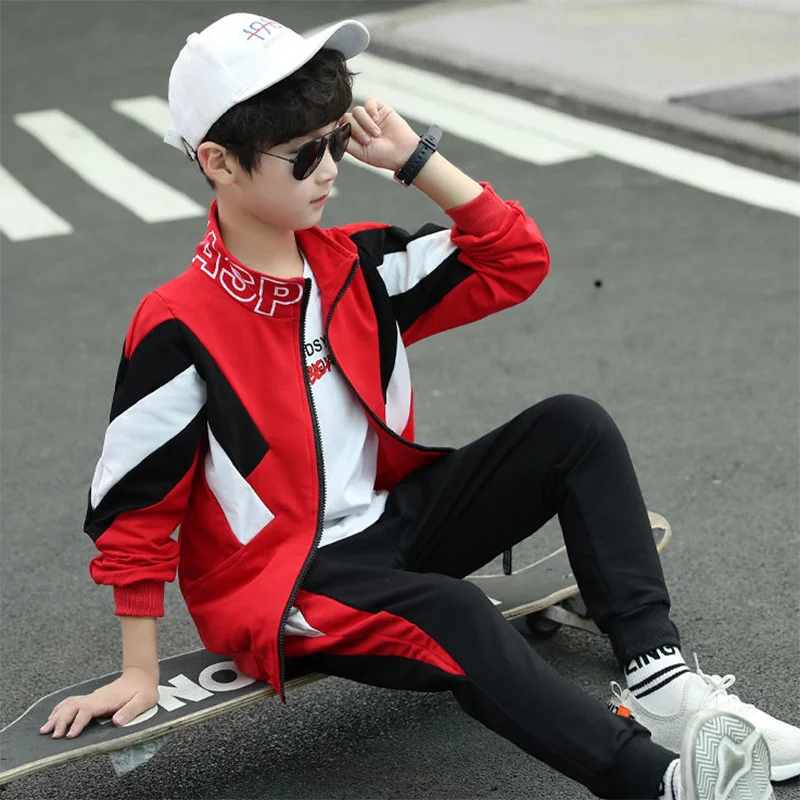 

New 2023 Spring Autumn Cotton Blend Boy Sets Handsome Patchwork High Collar Fashion Movement Casual 3-Piece Children's Clothing