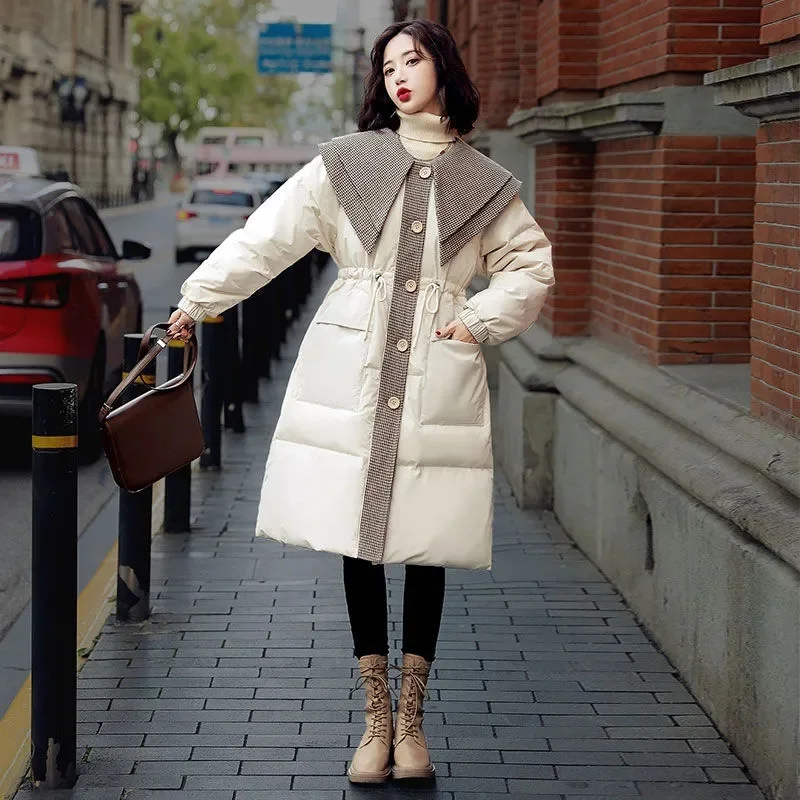 2023 New Popular Doll Large Polo Neck Temperament Waist Wrapped Down Coat Women Mid length Over Knee White Duck Down Coat Trend